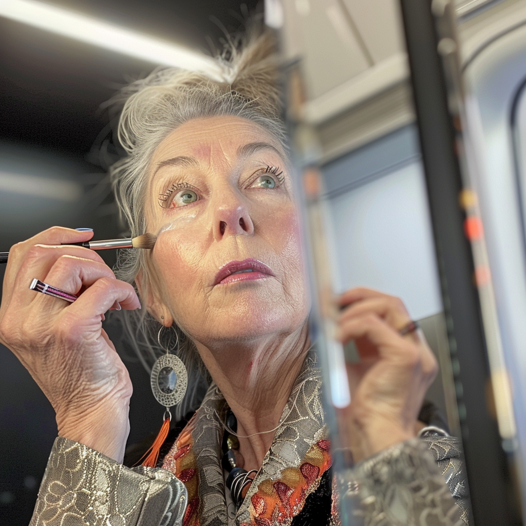 A woman doing her makeup in a mirror | Source: Midjourney