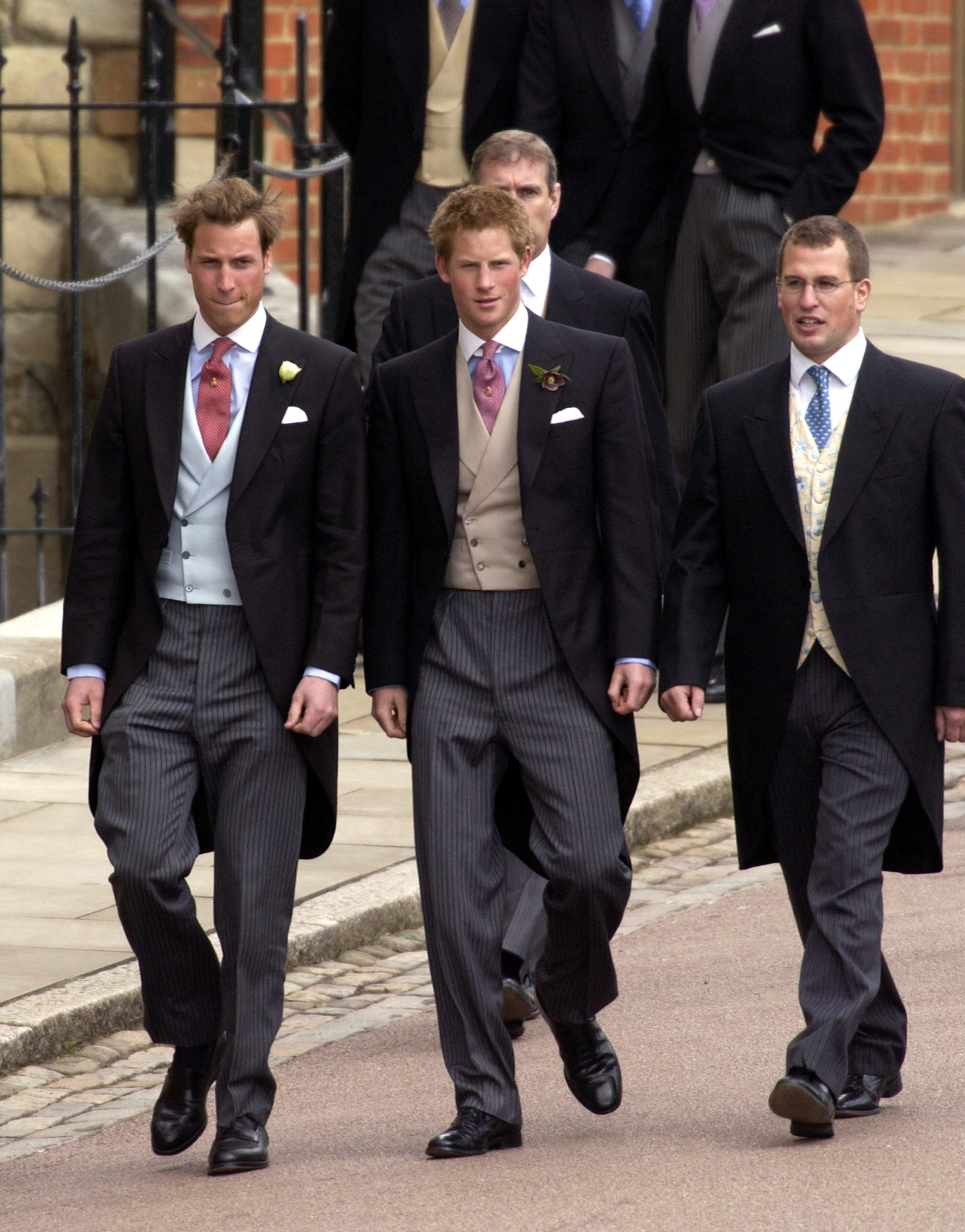 Prince William, Prince Harry, and Peter Phillips at the the wedding of King Charles III and Queen Camilla at St. George's Chapel, Windsor | Source: Getty Images