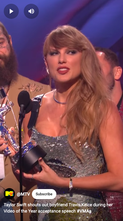 Taylor Swift during her award acceptance speech at the 2024 VMAs. | Source: YouTube/@MTV