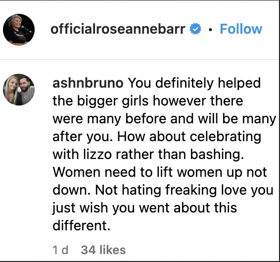 Screenshot of fan's comment on Roseanne Barr's post. | Source: officialroseannebarr