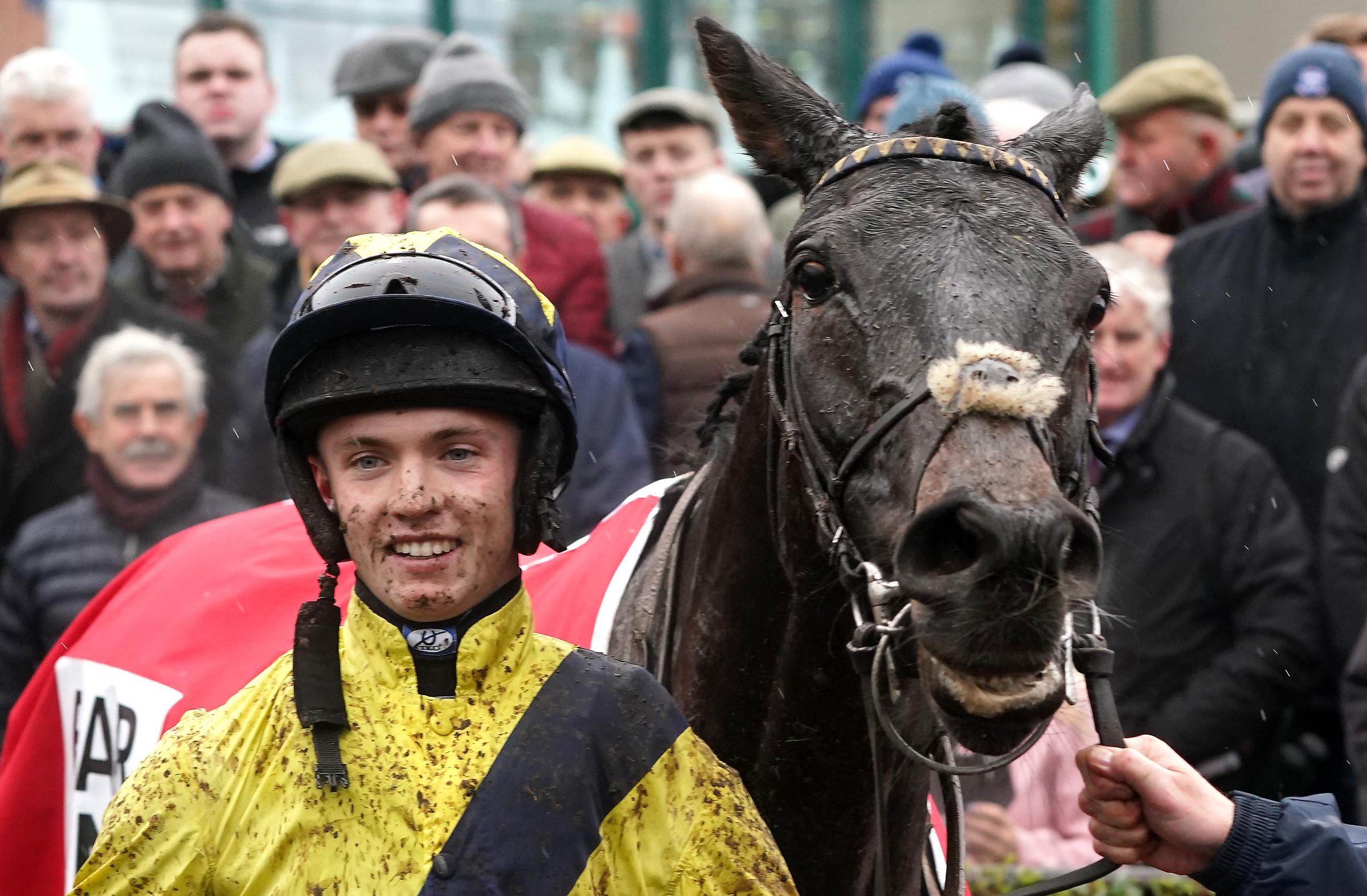 Michael O'Sullivan celebrates after winning the Bar One Racing Royal Bond Novice Hurdle with horse Marine Nationale on day two of the Winter Festival at Fairyhouse Racecourse, County Meath, on December 4, 2022 | Source: Getty Images