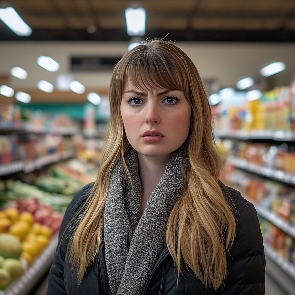 A woman looks concerned while standing in a grocery store | Source: Midjourney