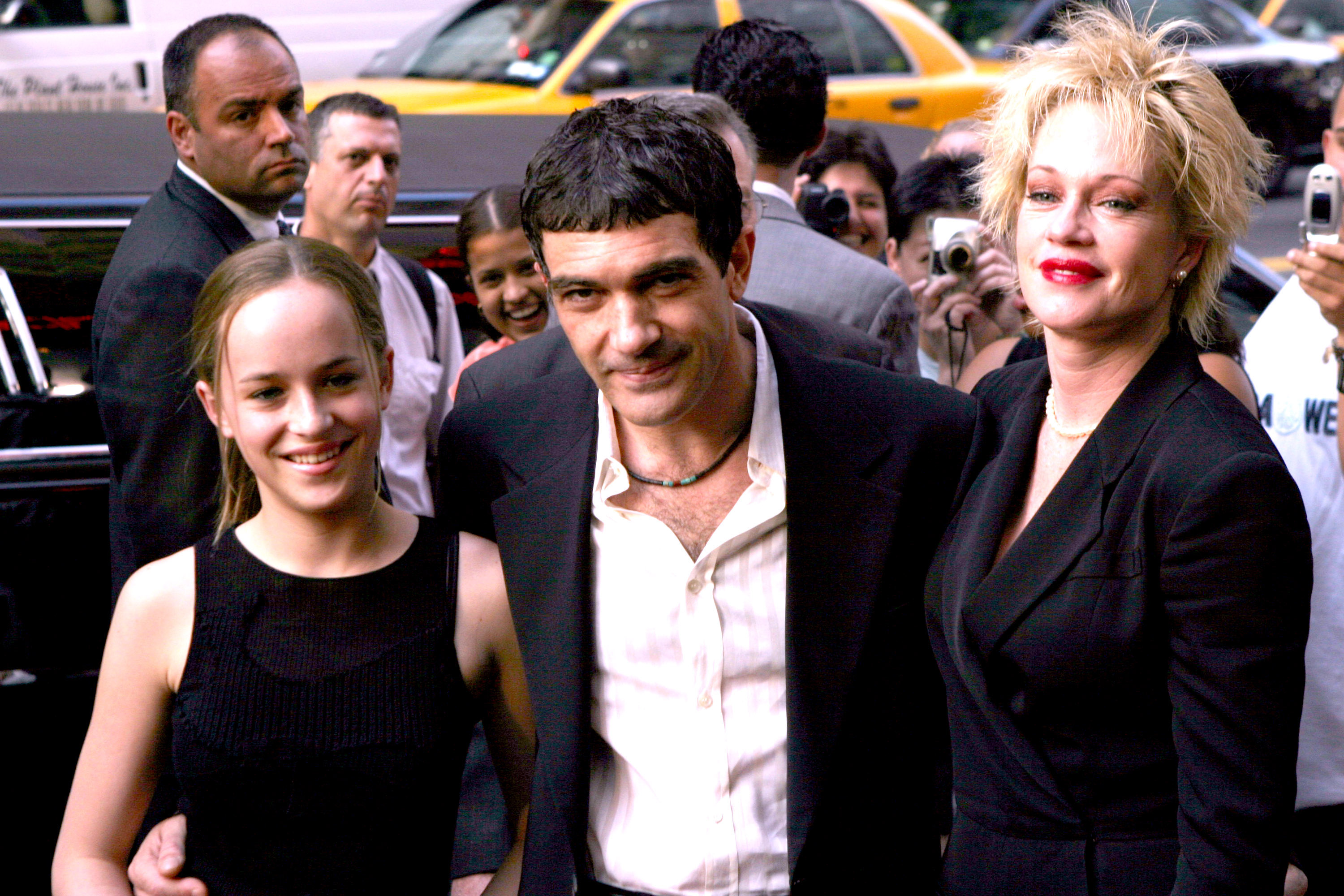 Dakota Johnson, Antonio Banderas and Melanie Griffith at the New York premiere of "And Starring Pancho Villa As Himself" on August 18, 2003. | Source: Getty Images