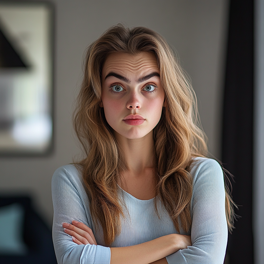 A woman looks angry and serious while standing in her living room | Source: Midjourney