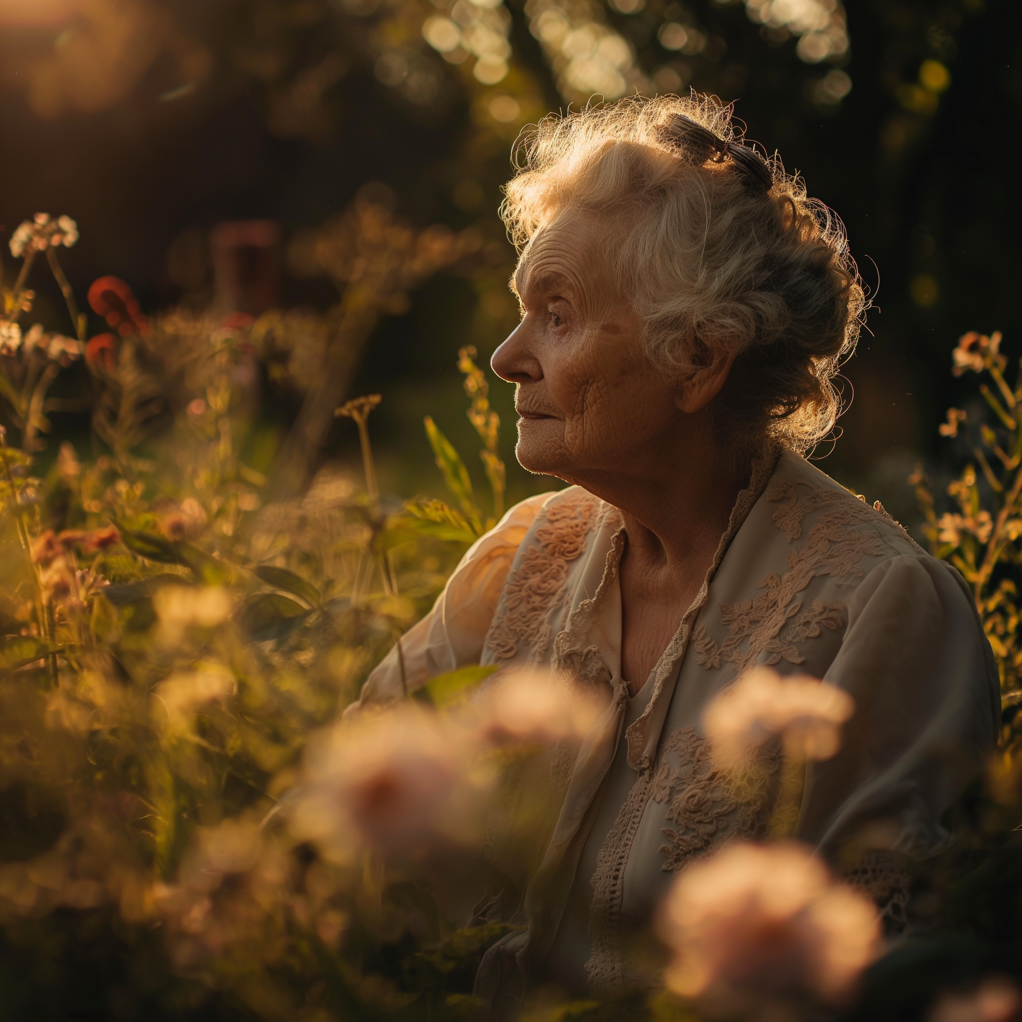 An old woman in a garden | Source: Midjourney