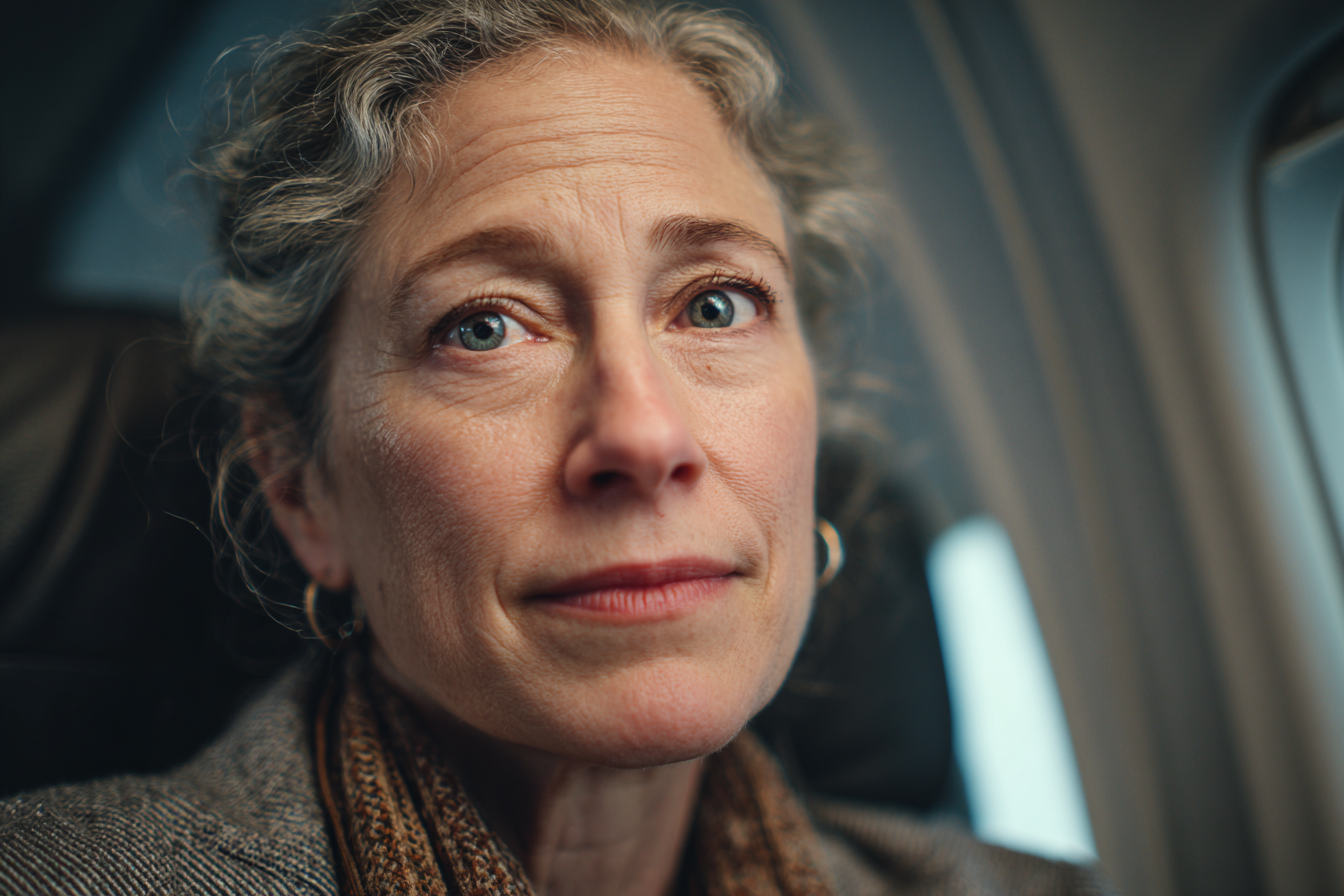 An older woman sitting in an airplane | Source: Midjourney
