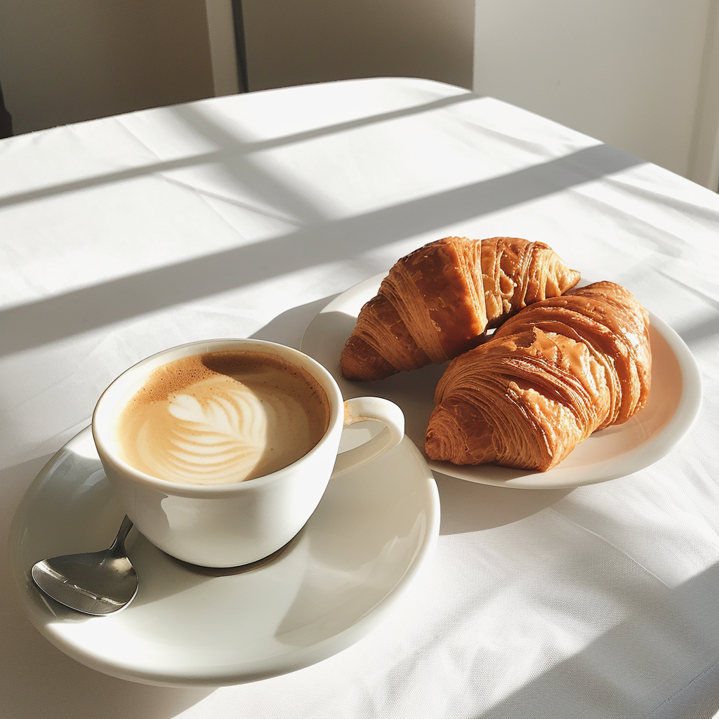 Coffee and croissants on a table | Source: Midjourney