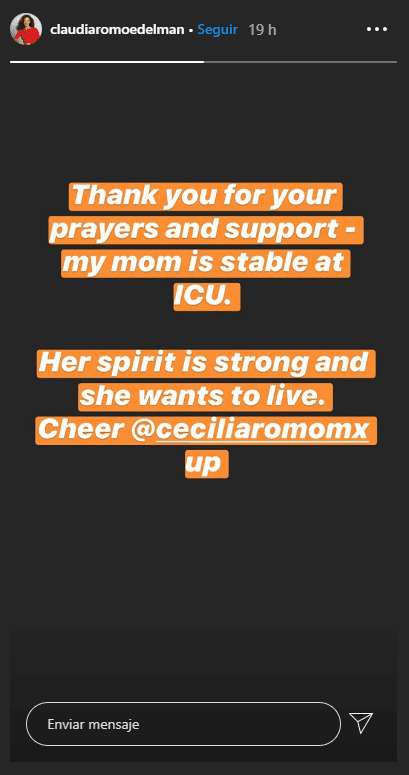 Captura de pantalla de mensaje de Claudia Romo. |Foto: Instagram/claudiaromoedelman