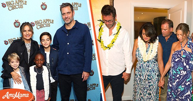 Mariska Hargitay, Peter Hermann and family attend the Opening Night of Big Apple Circus on October 27, 2019 [left], Mariska Hargitay and Peter Hermann participate in a Hawaiian prayer before the start of a VIP dinner party hosted by Tori Richard on August 2, 2014  [right].| Source: Getty Images