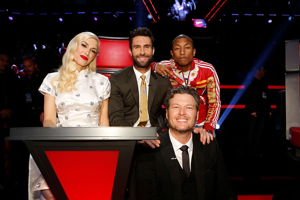 Gwen Stefani, Adam Levine, Pharrell Williams, and Blake Shelton during "The Voice" Season 7. | Source: Getty Images
