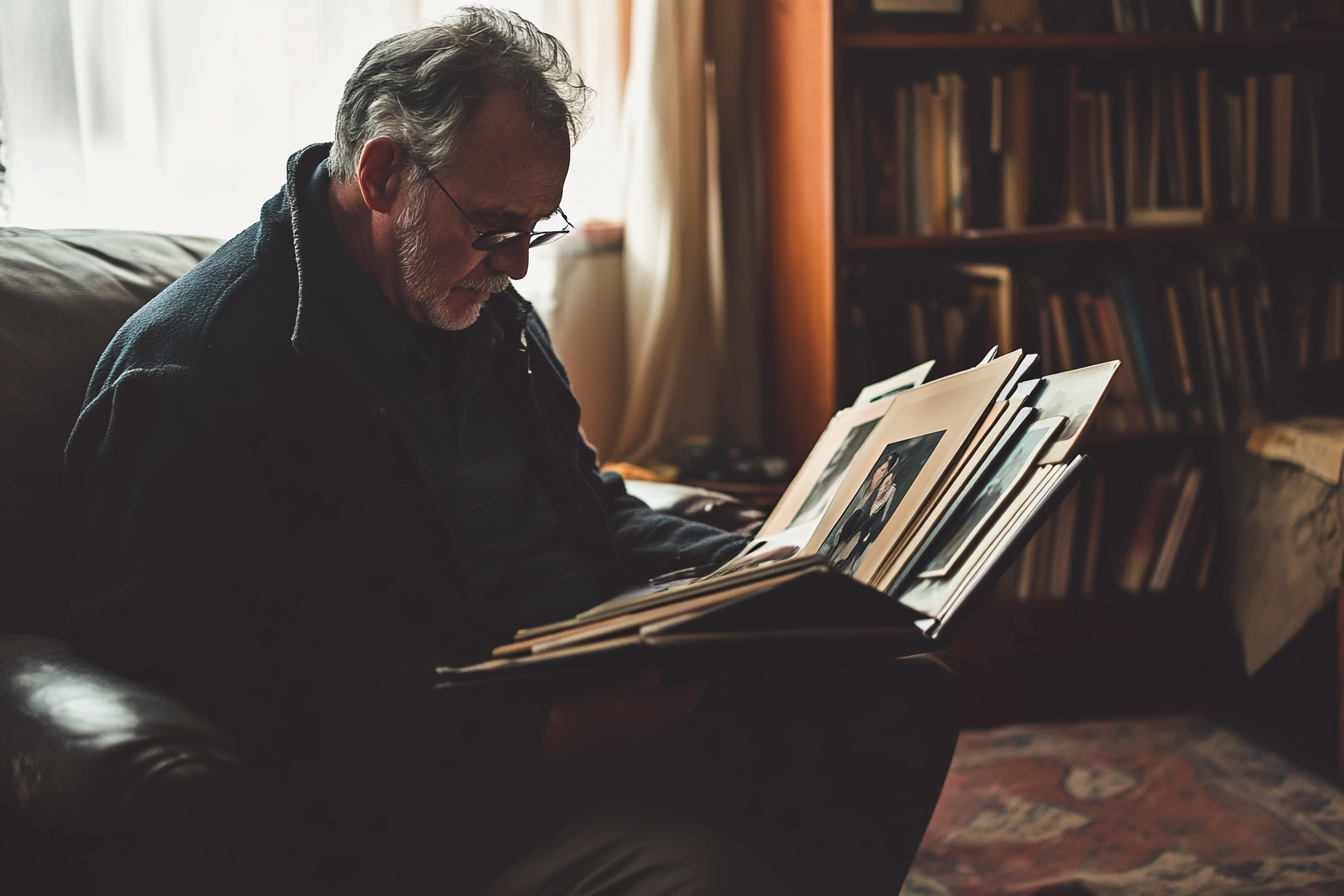 A man looking through photo albums | Source: Midjourney