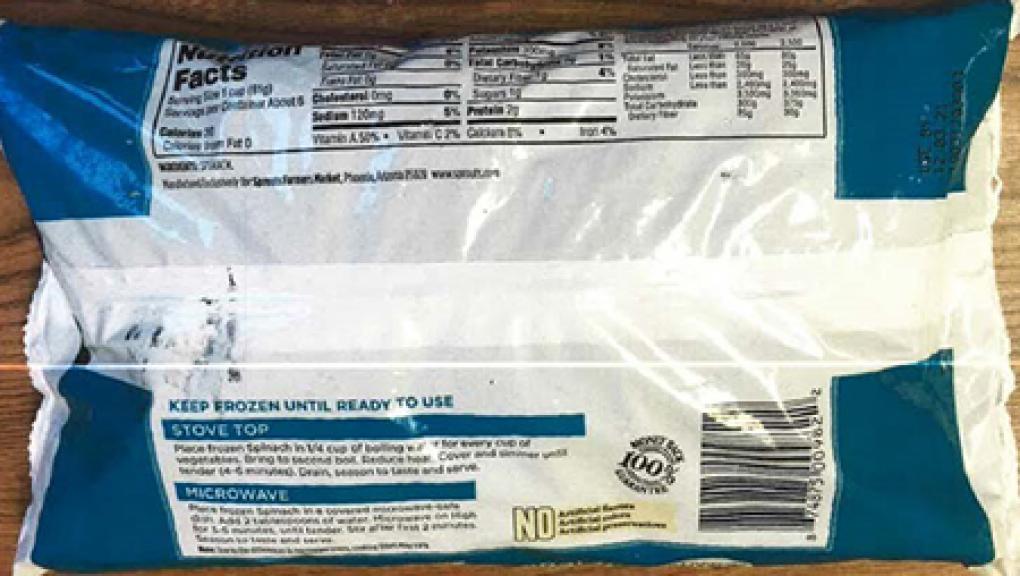 The back of the 16oz packets of Spouts Cut Leaf Spinach. Photo: FDA.