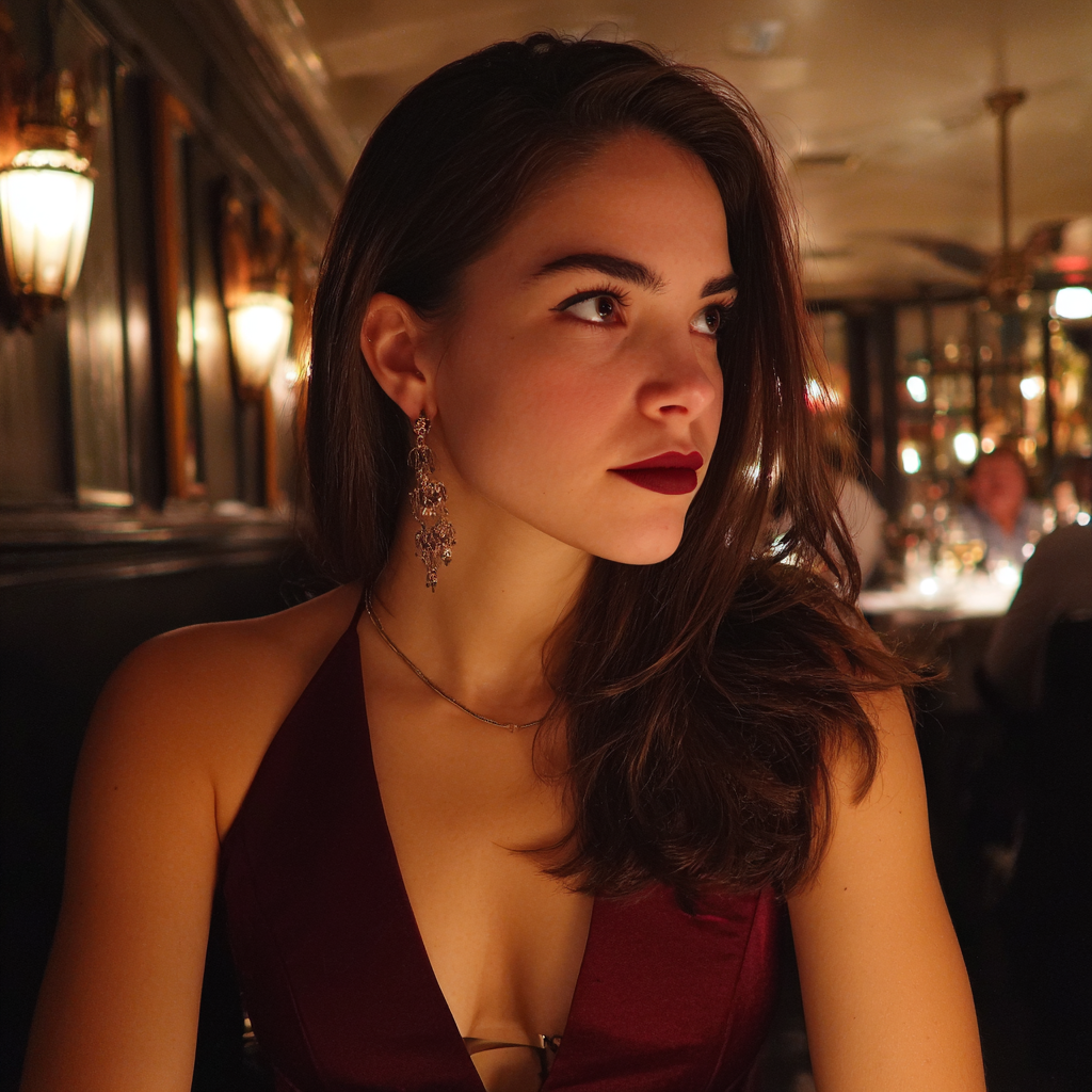 An upset woman wearing a maroon dress | Source: Midjourney