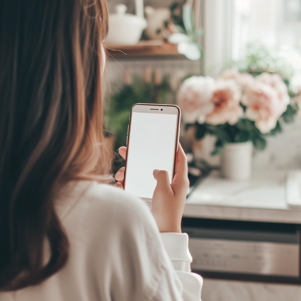 A woman holding her phone | Source: Midjourney