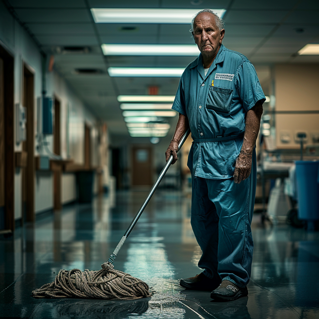 An elderly janitor mopping the hospital floor | Source: Midjourney