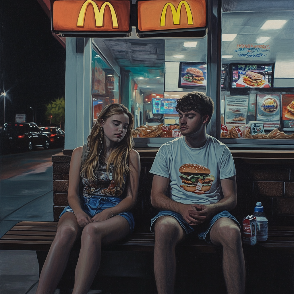 A couple sitting at a fast food place | Source: Midjourney