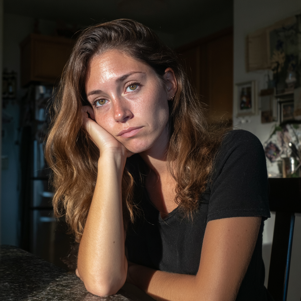 An emotional woman sitting at a table | Source: Midjourney