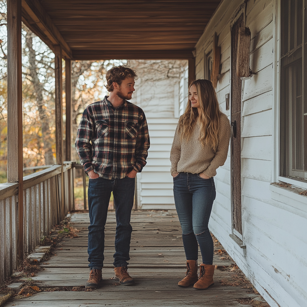 A brother and a sister on a porch | Source: Midjourney