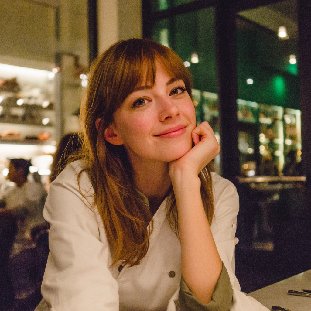 A smiling woman sitting at a table | Source: Midjourney