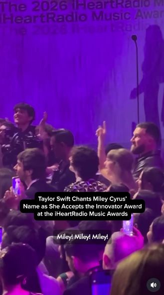 Taylor Swift seen cheering for Miley Cyrus as Travis Kelce smiles, posted on March 27, 2026. | Source: Instagram/people