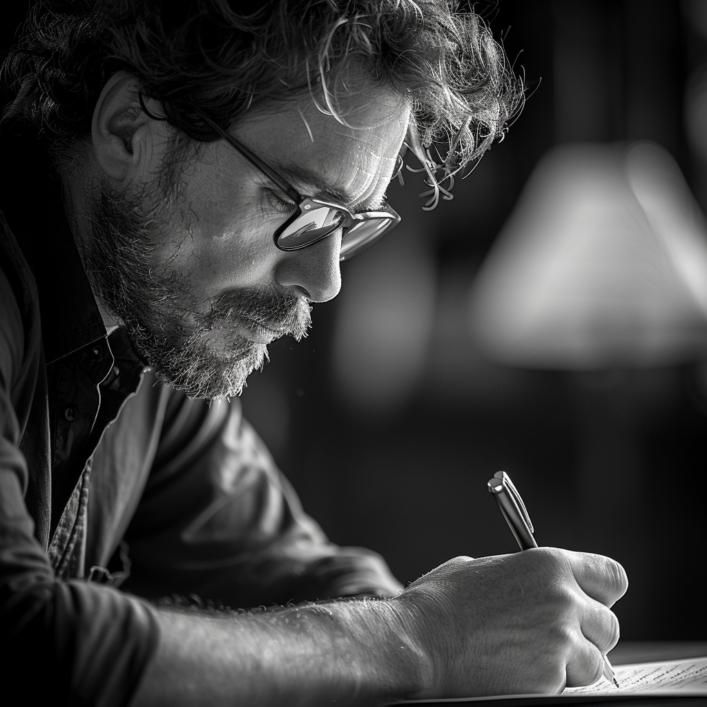 A grayscale photo of a man writing a letter | Source: Midjourney