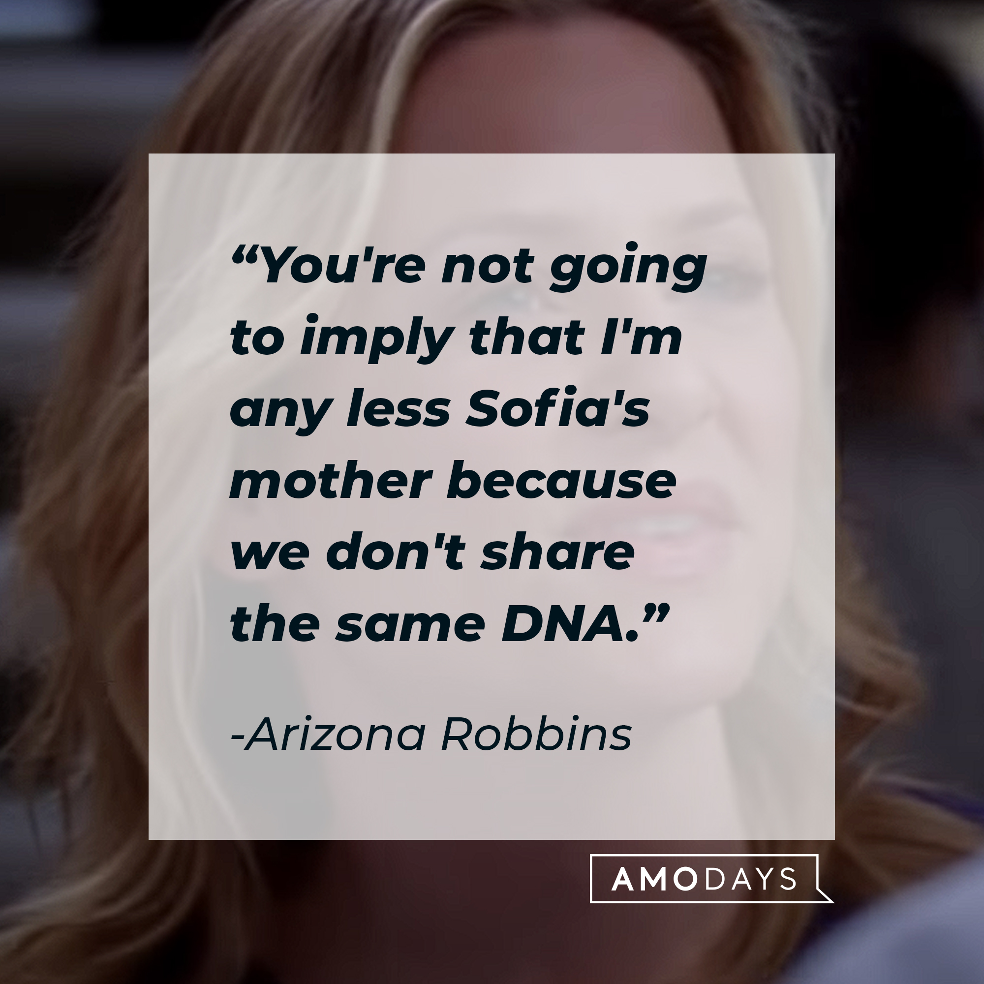A picture of Arizona Robbins with her quote: “You're not going to imply that I'm any less Sofia's mother because we don't share the same DNA.” | Image: AmoDays