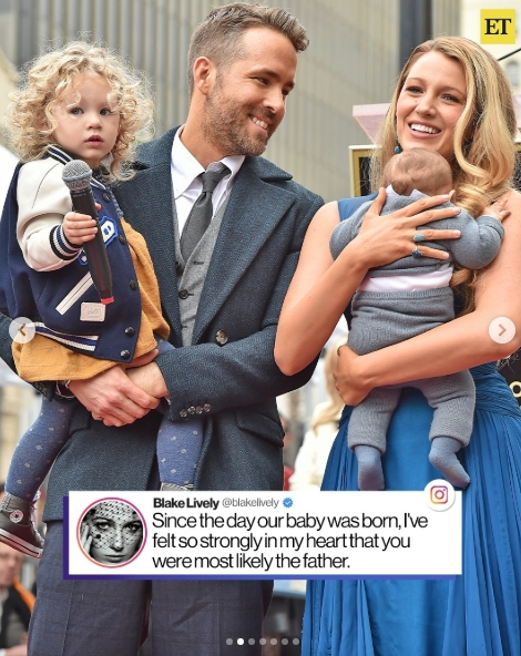 In a post dated January 1, 2024, Blake Lively jokingly congratulated Ryan Reynolds on his first Father's Day by saying she had always felt he was "most likely the father." | Source: Instagram/entertainmenttonight