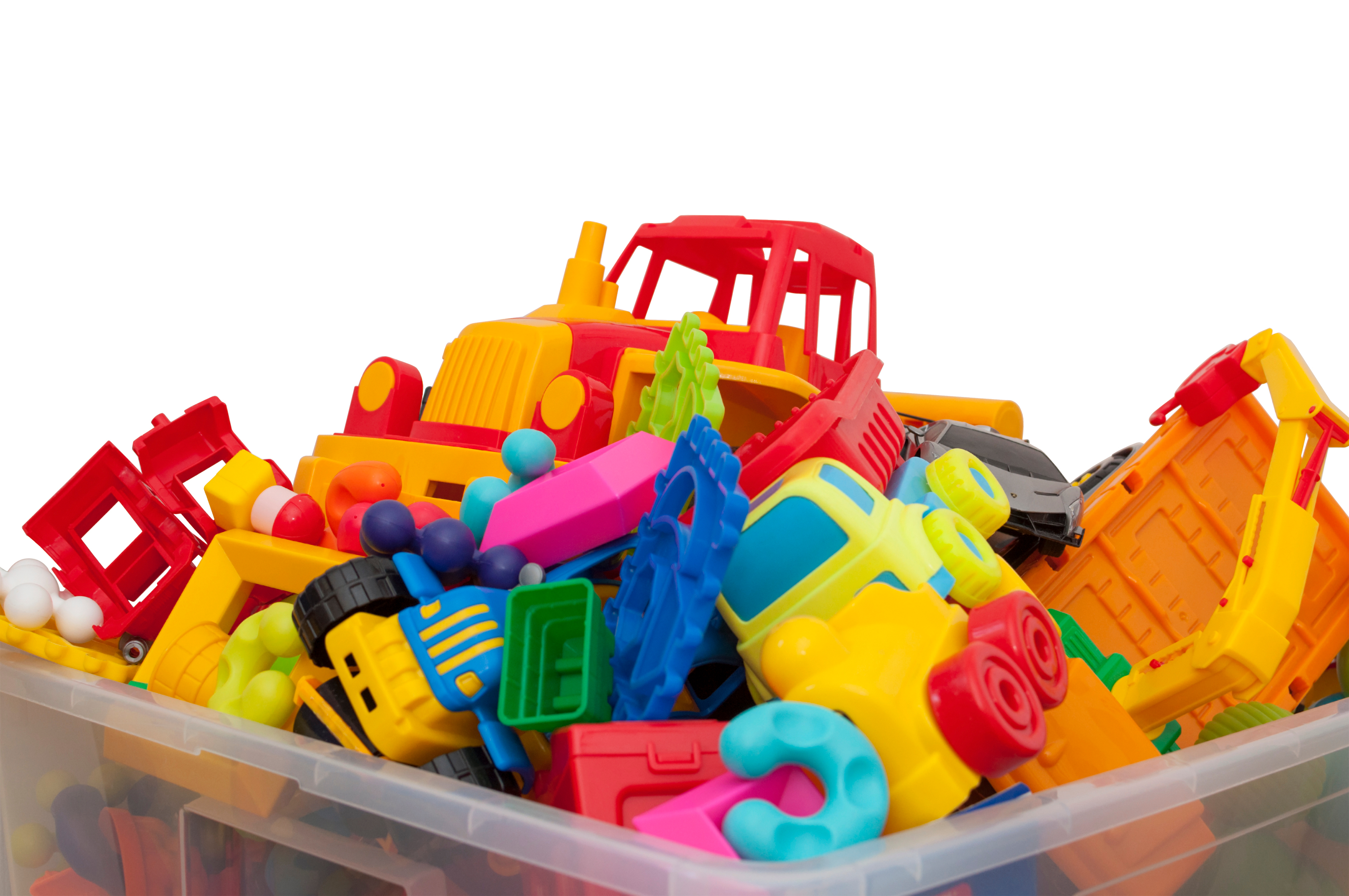 A plastic bin filled with plastic toys | Source: Shutterstock