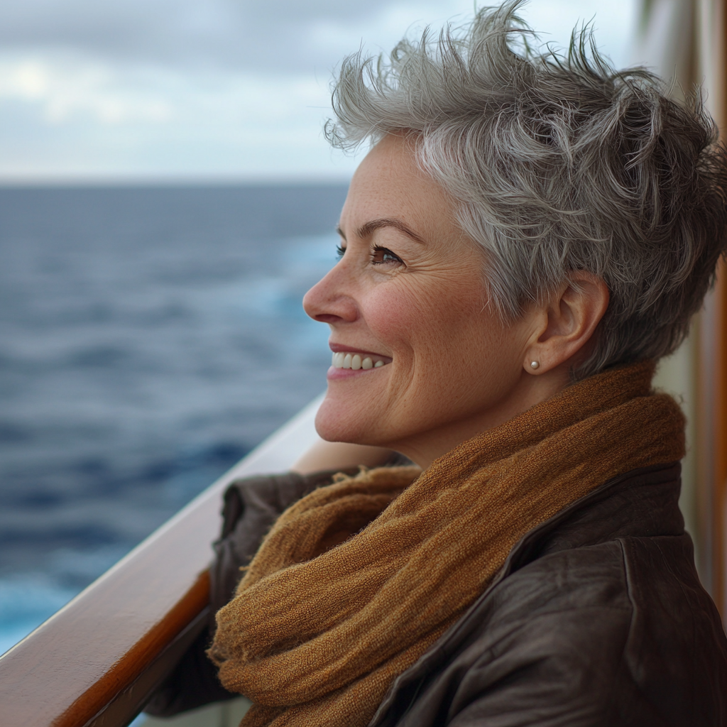 A happy woman looking at the ocean | Source: Midjourney