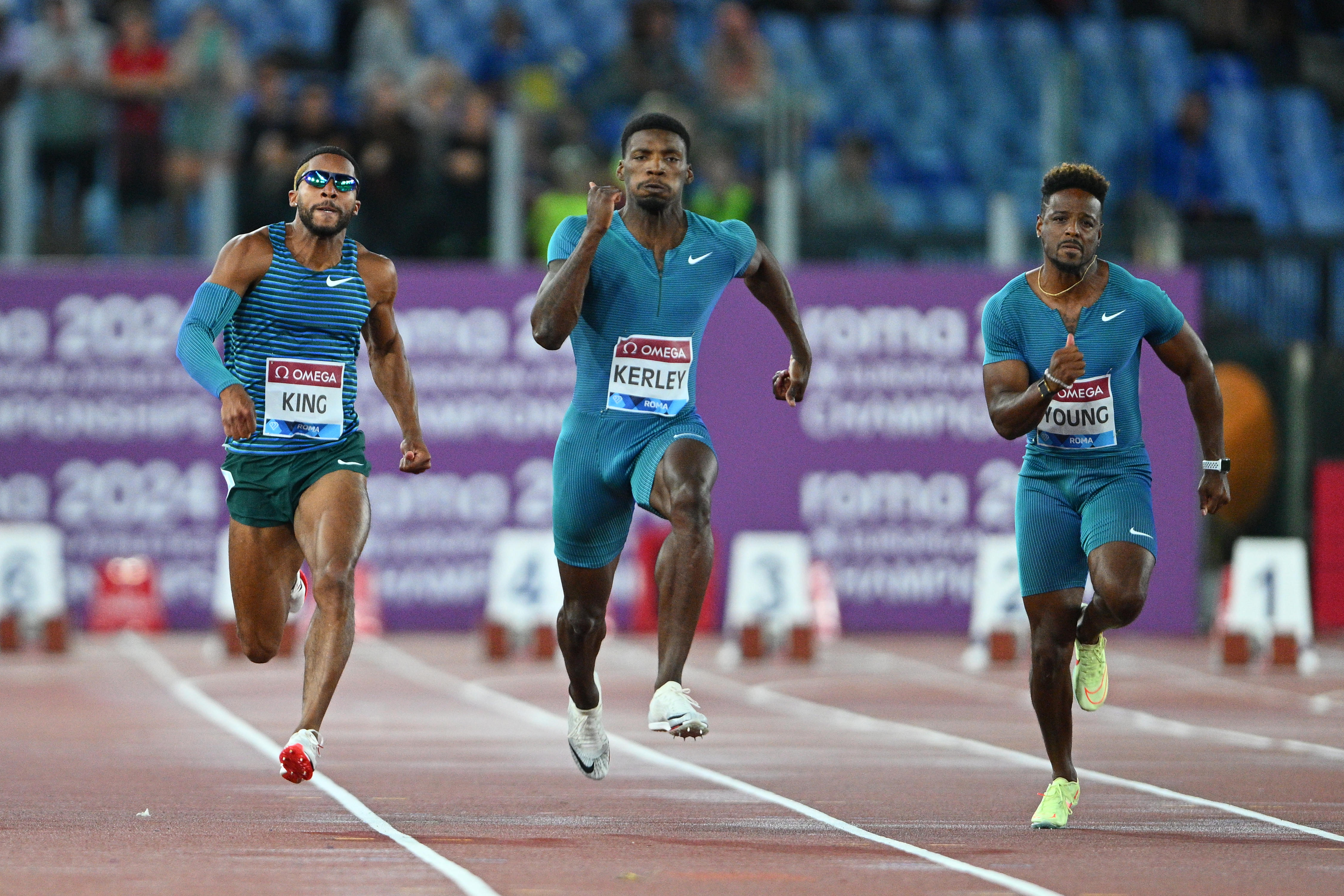 Kyree King, Fred Kerley, and Isiah Young of Team United States competing in Men's 100-meter race during the 2022 Diamond League series on June 9, in Rome, Italy. | Source: Getty Images