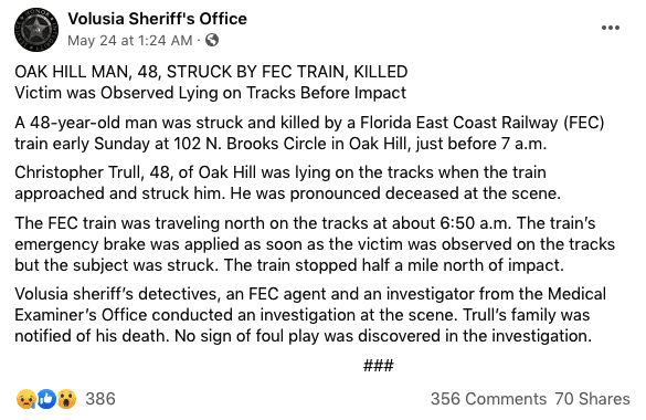 A screenshot of a report from Volusia Sheriff's Office | Photo: facebook.com/Volusia Sheriff's Office