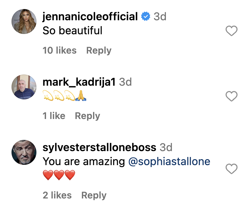 Fan comments on Sophia Stallone's post dated November 2023 | Source: Instagram.com/sophiastallone