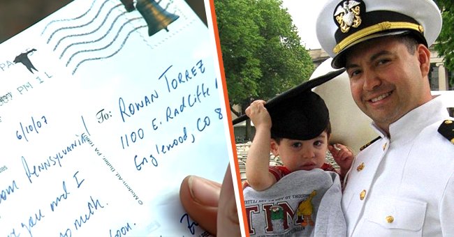 A post card that arrived years after the sender passed away [left] Joseph Torrez and his son, Rowan [right] | Photo: youtube.com/USA TODAY & facebook.com/GoodMorningAmerica