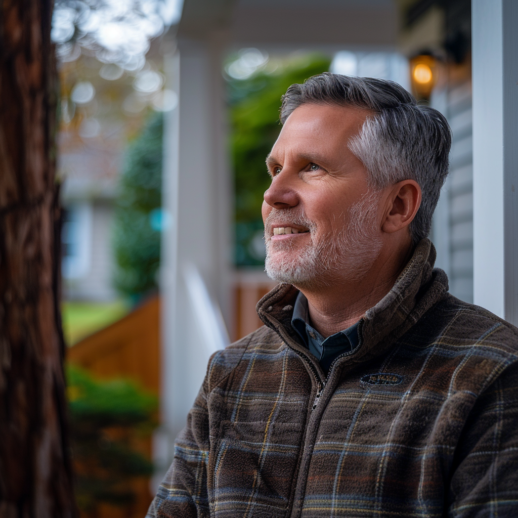 A happy man standing on the front porch of his house | Source: Midjourney