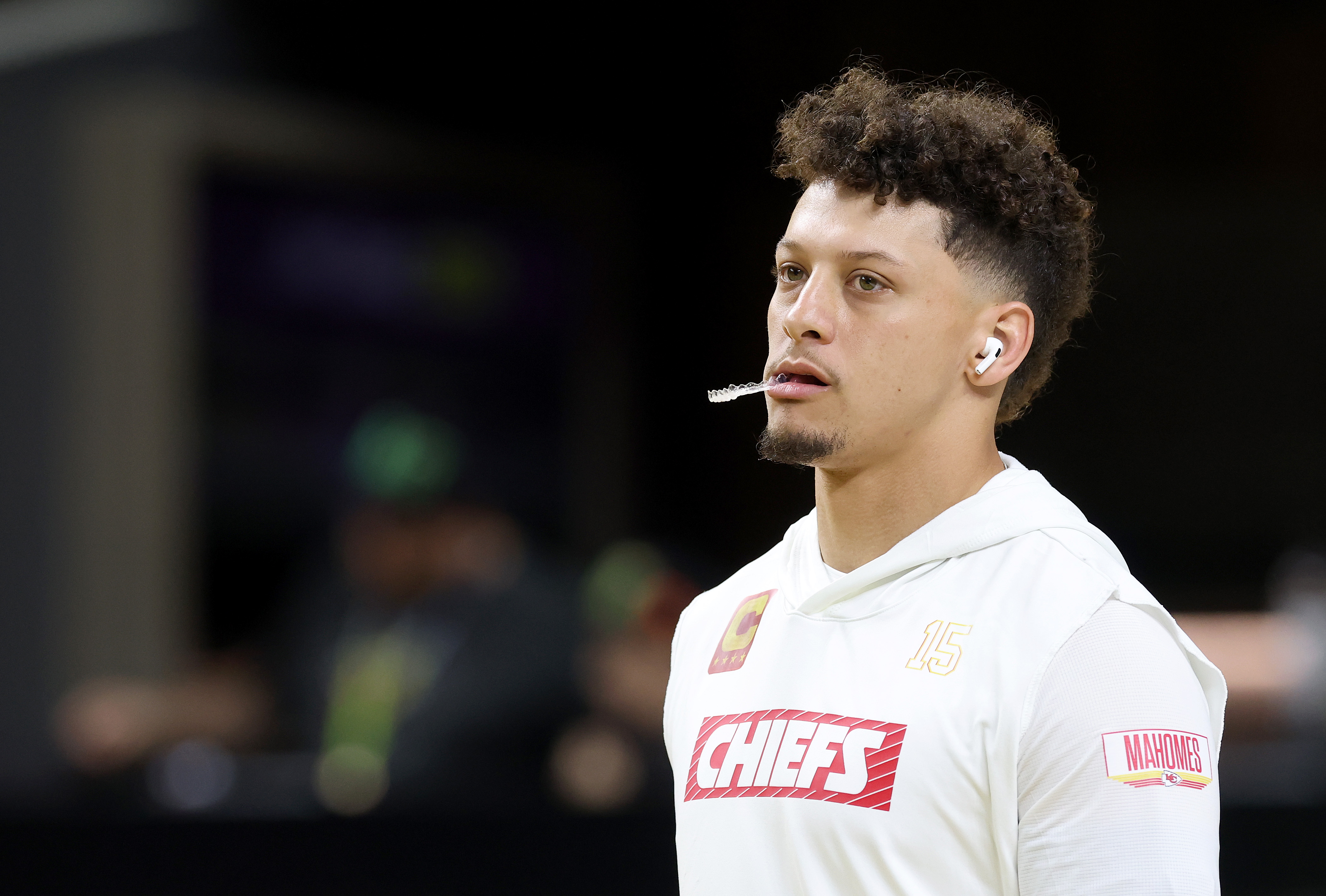 Patrick Mahomes during a warmup session ahead of the 2025 Super Bowl. | Source: Getty Images