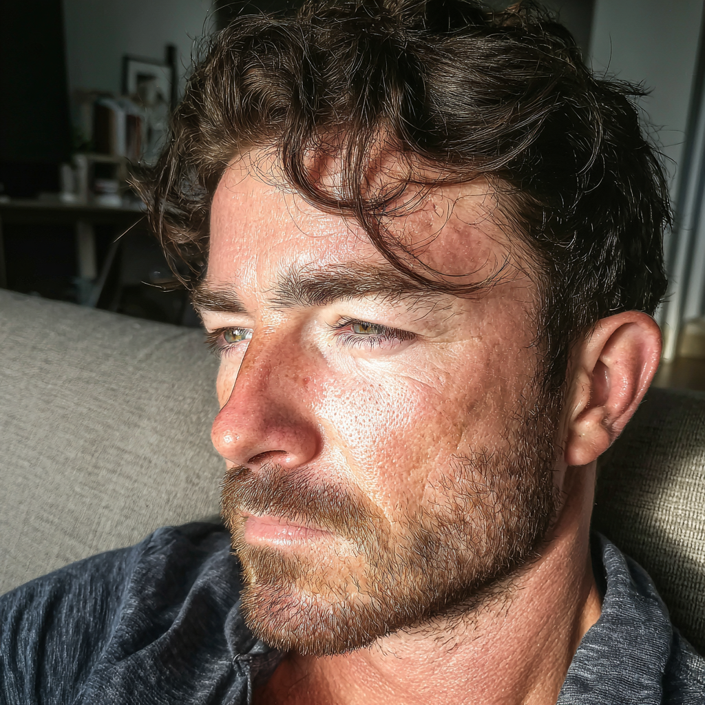 A close-up of a man sitting on a couch | Source: Midjourney