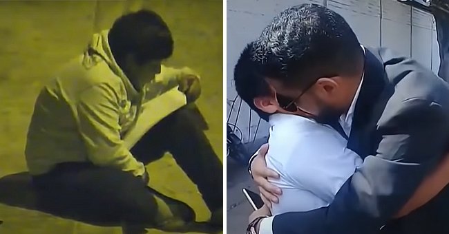  A 12-year-old Victor Angulo studying under a street light [left] Businessman Yaqoob Mubarak hugging a 12-year-old Victor Angulo [right]. │Source: youtube.com/Al Rojo Vivo