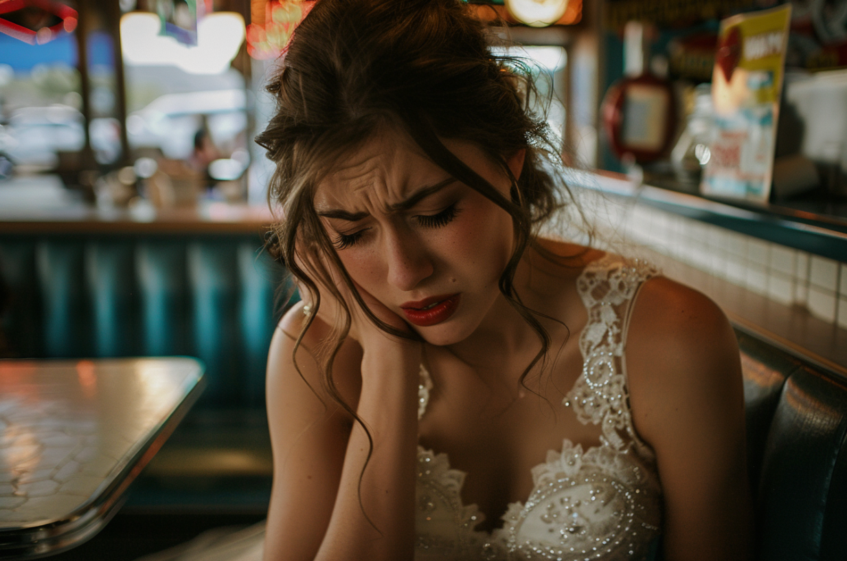 A bride crying in a diner | Source: MidJourney