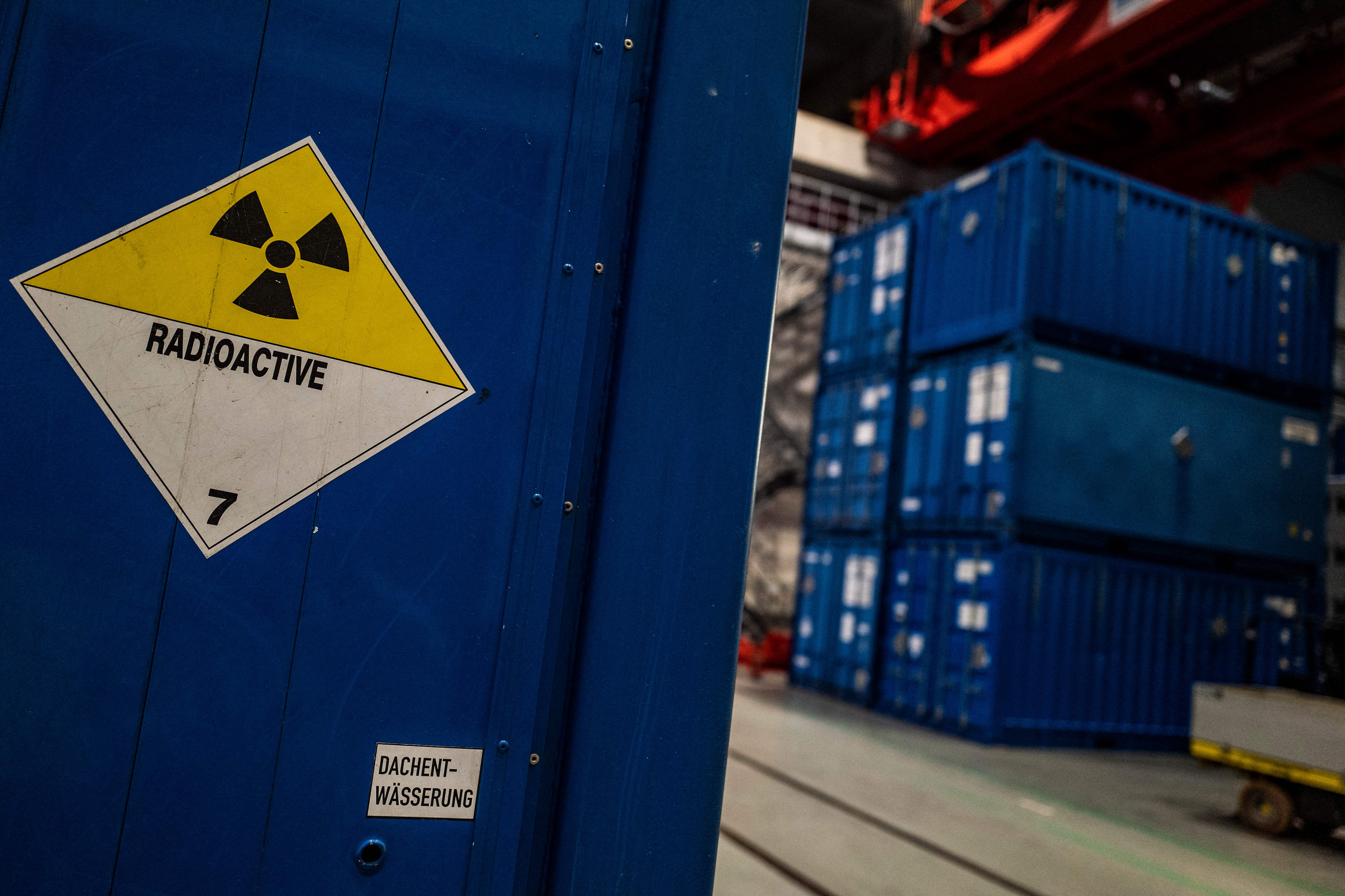 A radioactive label placed on a container at the EWN Nuclear Power Plant dismantling facility in Lubmin, Germany on March 16, 2023. | Source: Getty Images