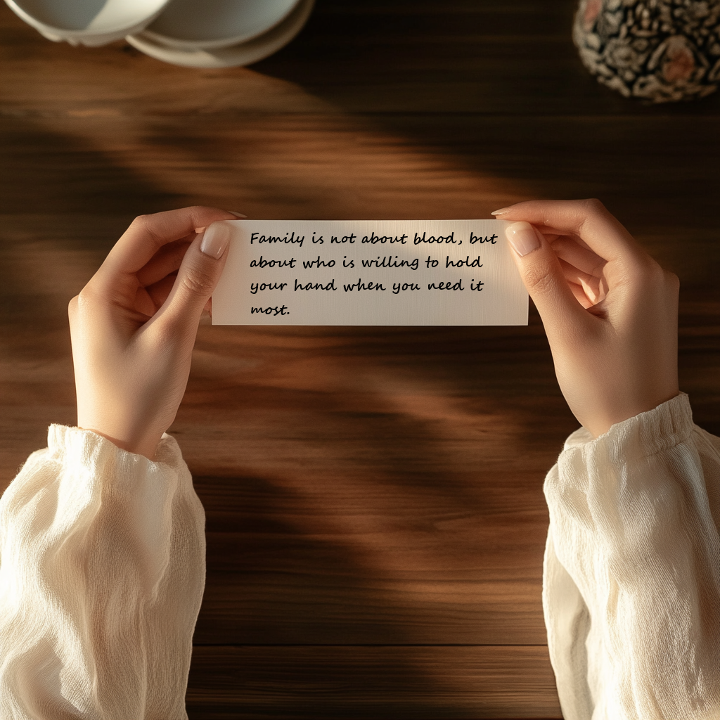 A woman holding a strip of paper with a message | Source: Midjourney