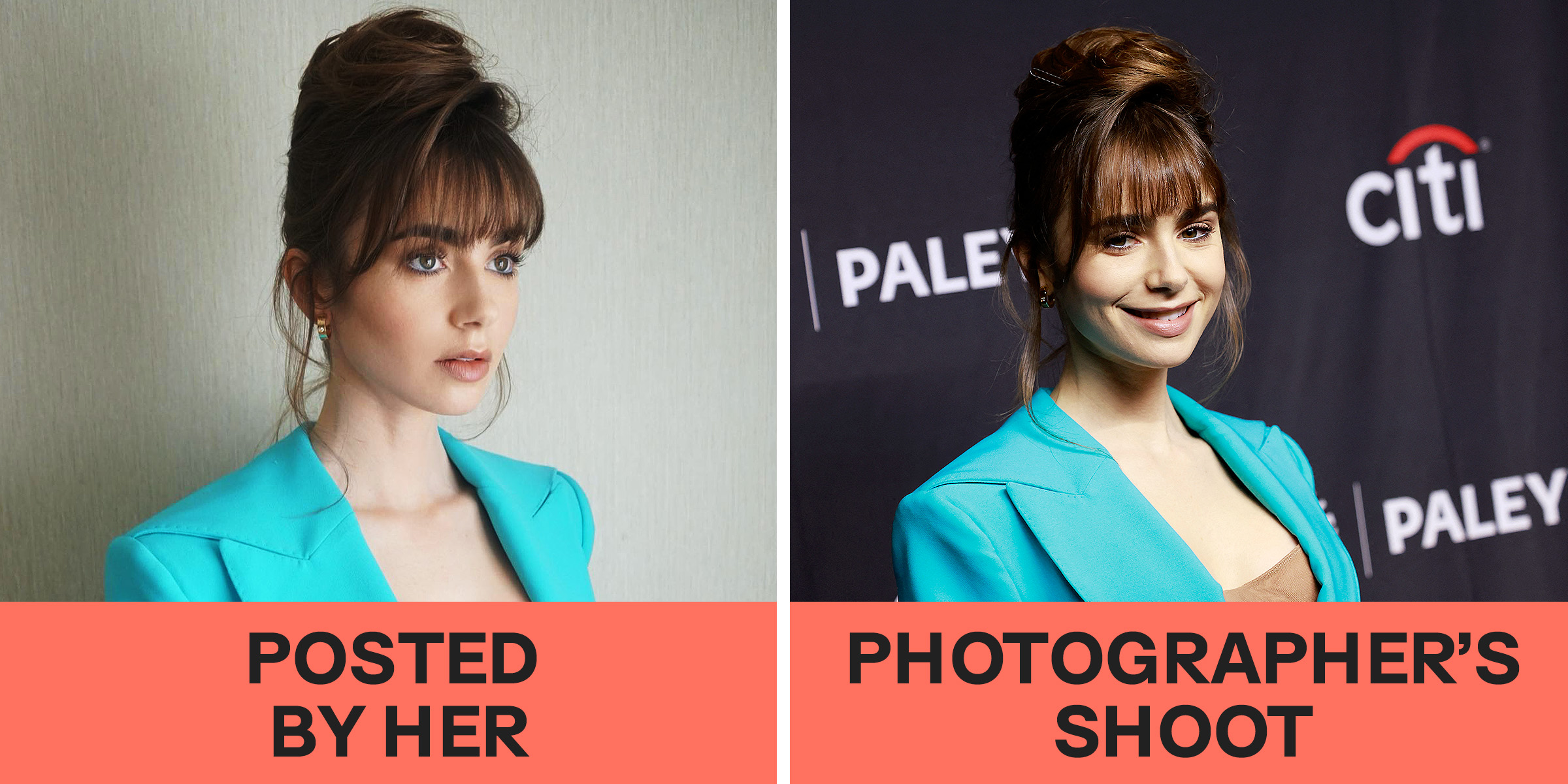 Lily collins on Instagram vs. in reality | Source: Instagram/lilyjcollins | Getty Images