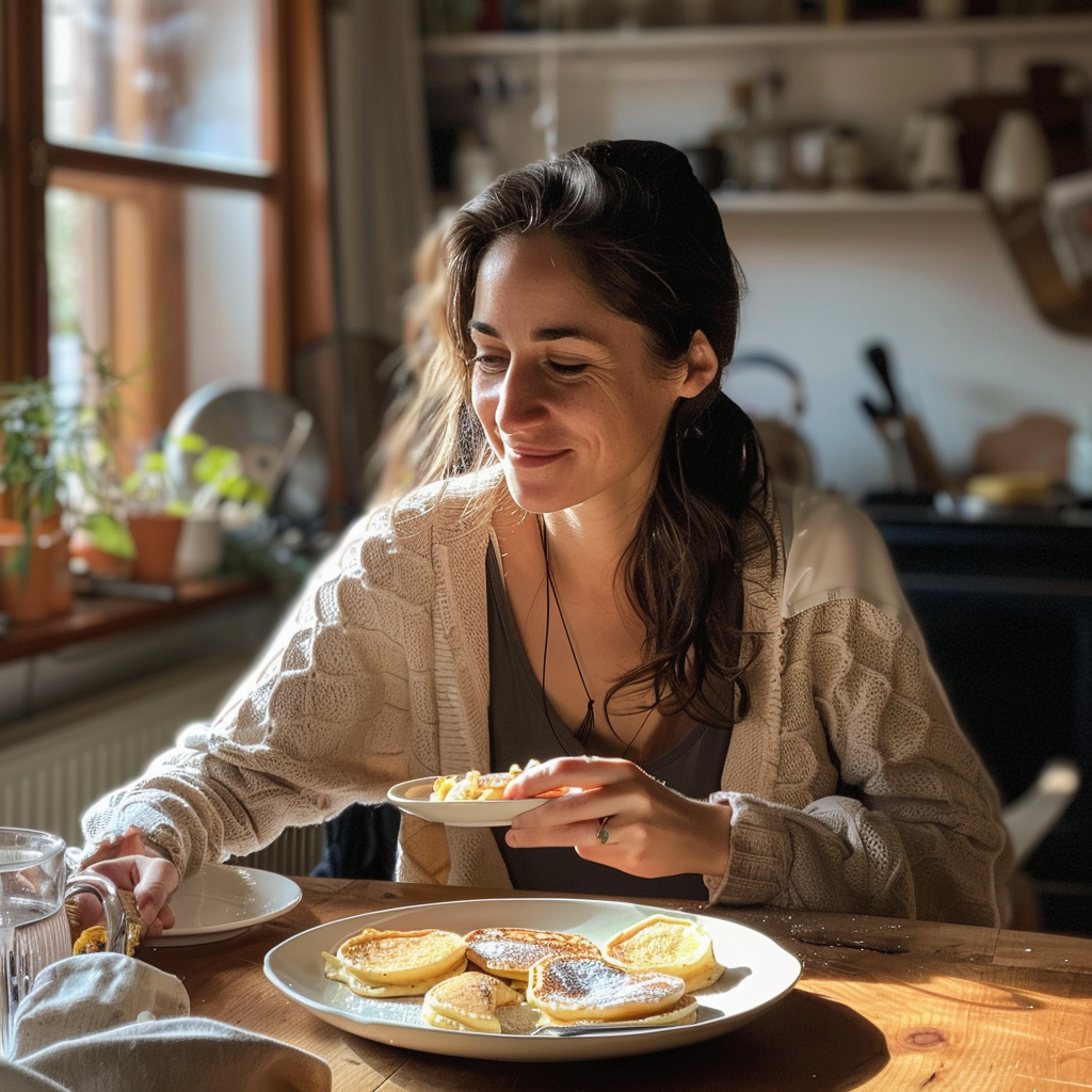 A smiling woman eating at a table | Source: Midjourney