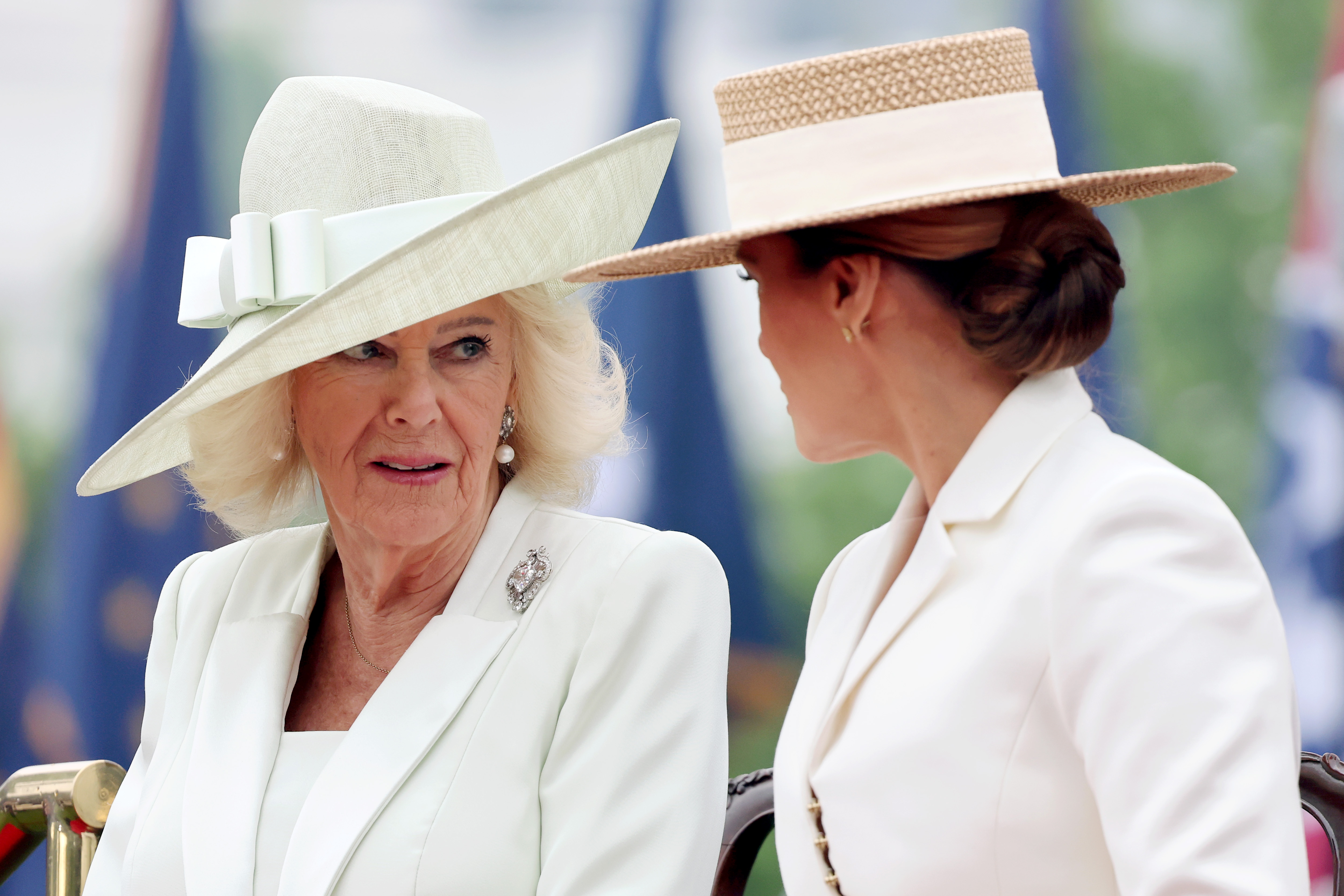 Queen Camilla and Melania Trump during the State Arrival Ceremony on the White House South Lawn, April 28, 2026. | Source: Getty Images