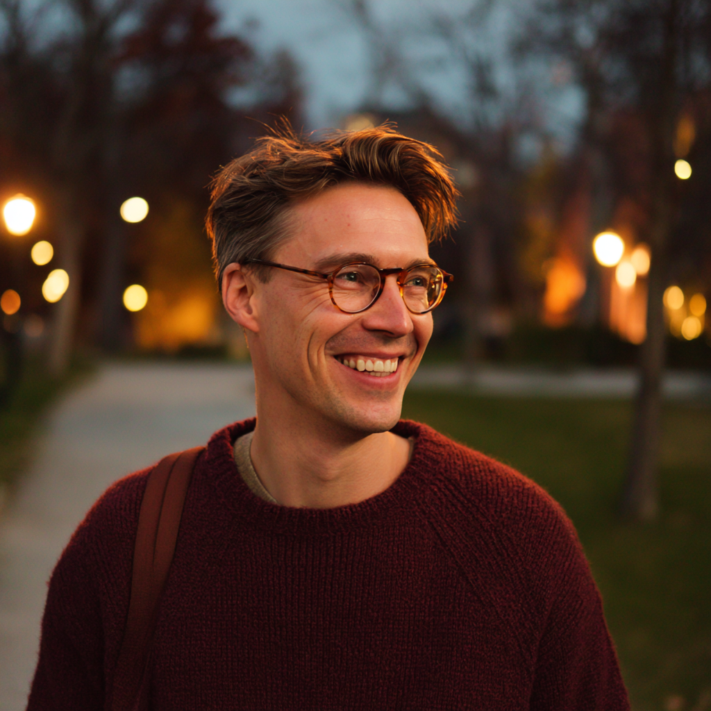 A smiling man walking in a park | Source: Midjourney
