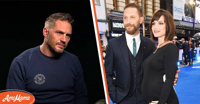 Left: Actor Tom Hardy on BBC Radio 1 | Source: YouTube.com/BBC Radio 1.  Right: Actor Tom Hardy with Charlotte Riley on September 3, 2015 in London, England | Source: Getty Images
