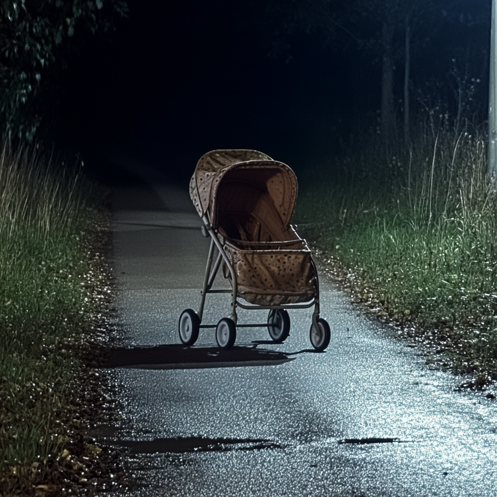 An abandoned stroller on the road at night | Source: Midjourney