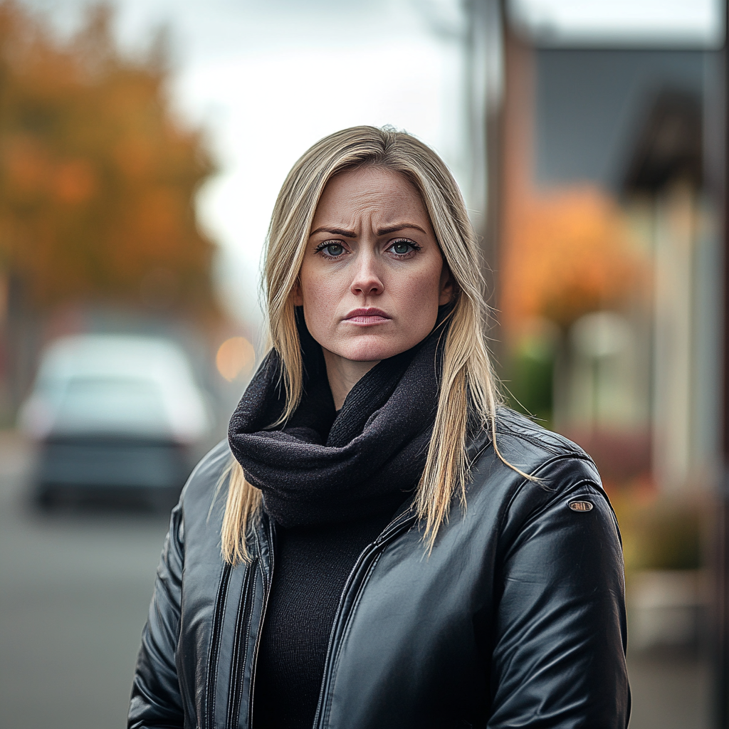 A woman looks proud and unamused while looking at someone in a neighborhood | Source: Midjourney