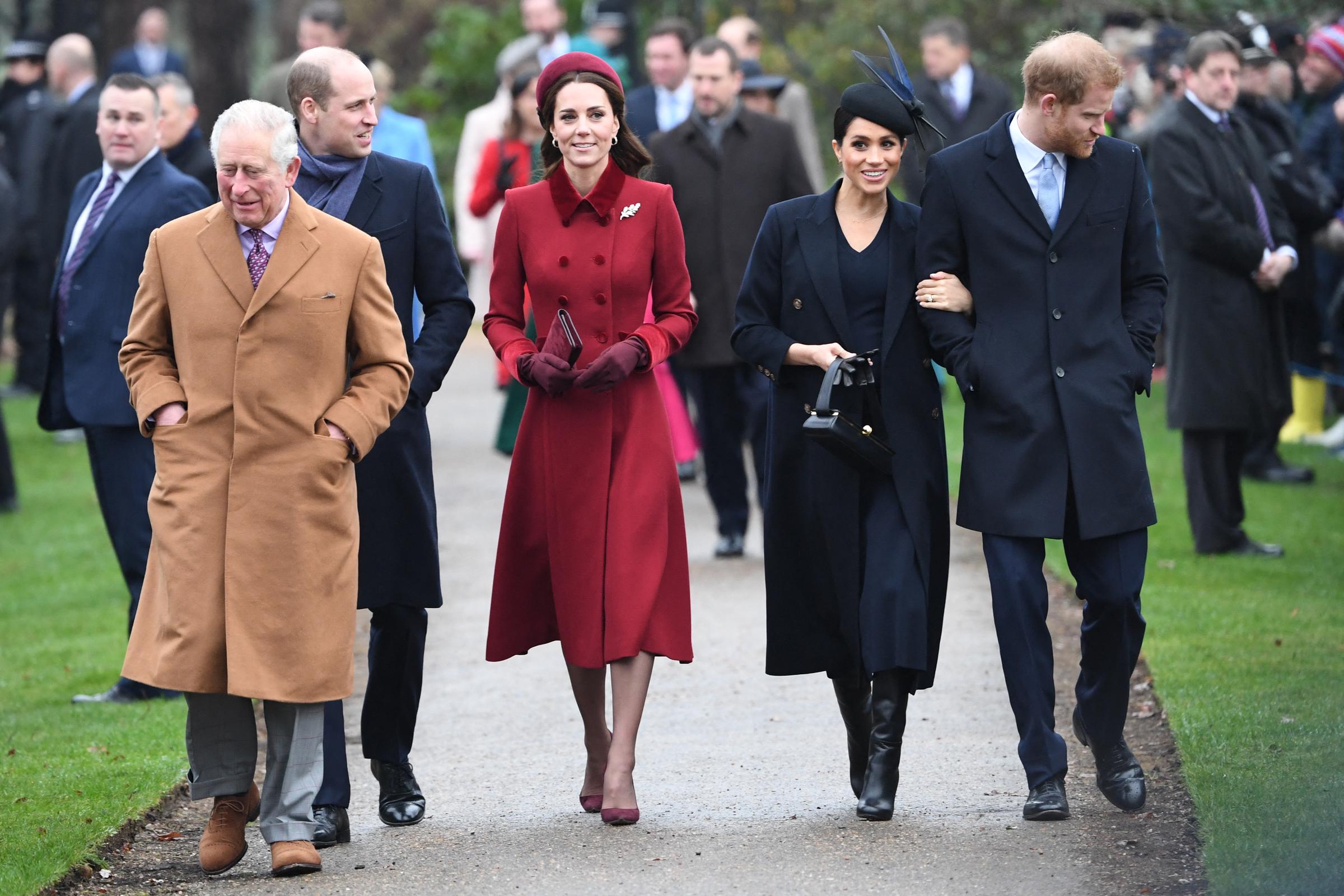 Prince Charles, Prince of Wales, Prince William, Duke of Cambridge, Catherine, Duchess of Cambridge, Meghan, Duchess of Sussex, and Prince Harry, Duke of Sussex arrive for the Royal Family's traditional Christmas Day service in Sandringham, Norfolk, on December 25, 2018 | Source: Getty Images