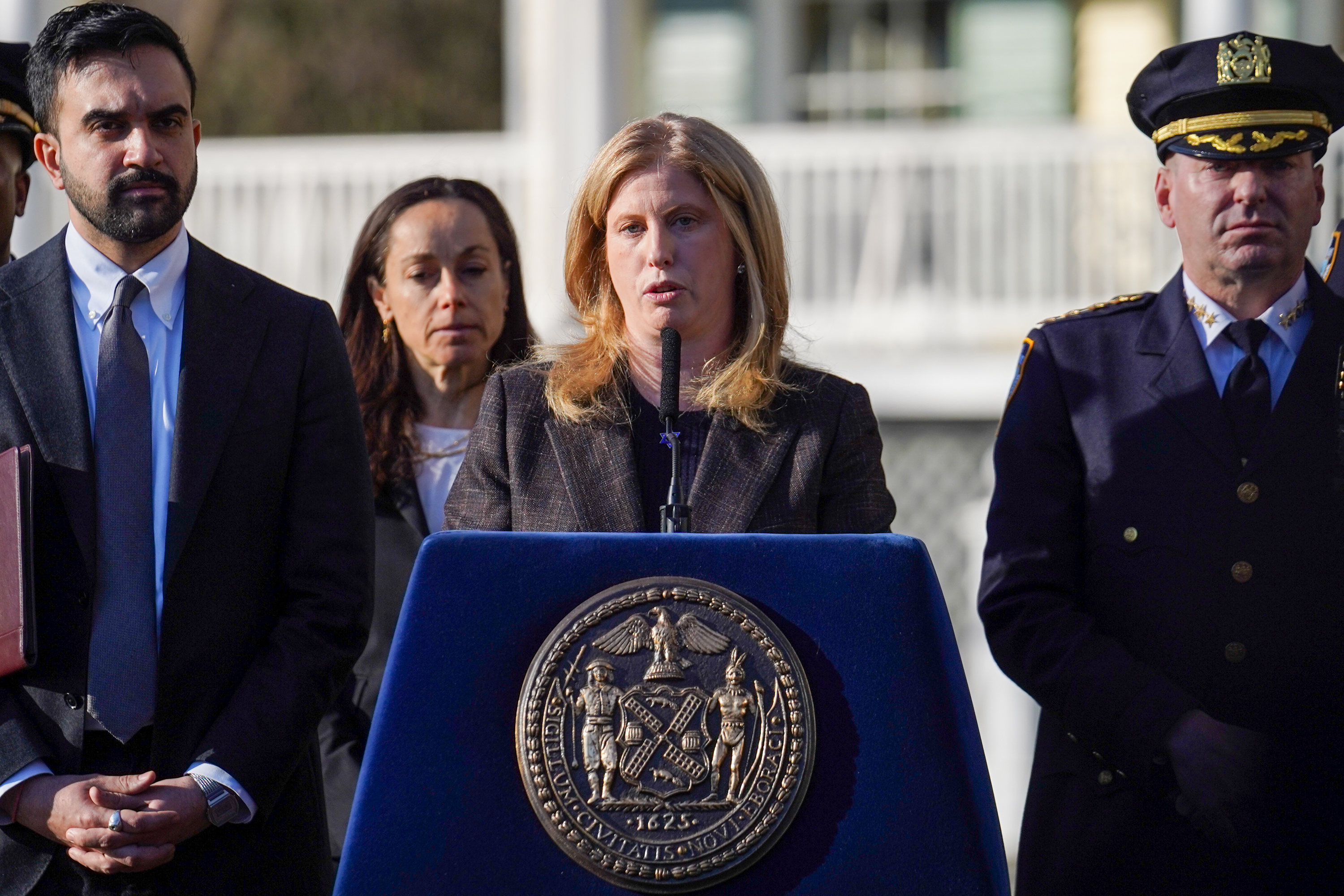 New York City Police Commissioner Jessica Tisch speaking to the media alongside New York Mayor Zohran Mamdani and other police officials. | Source: Getty Images