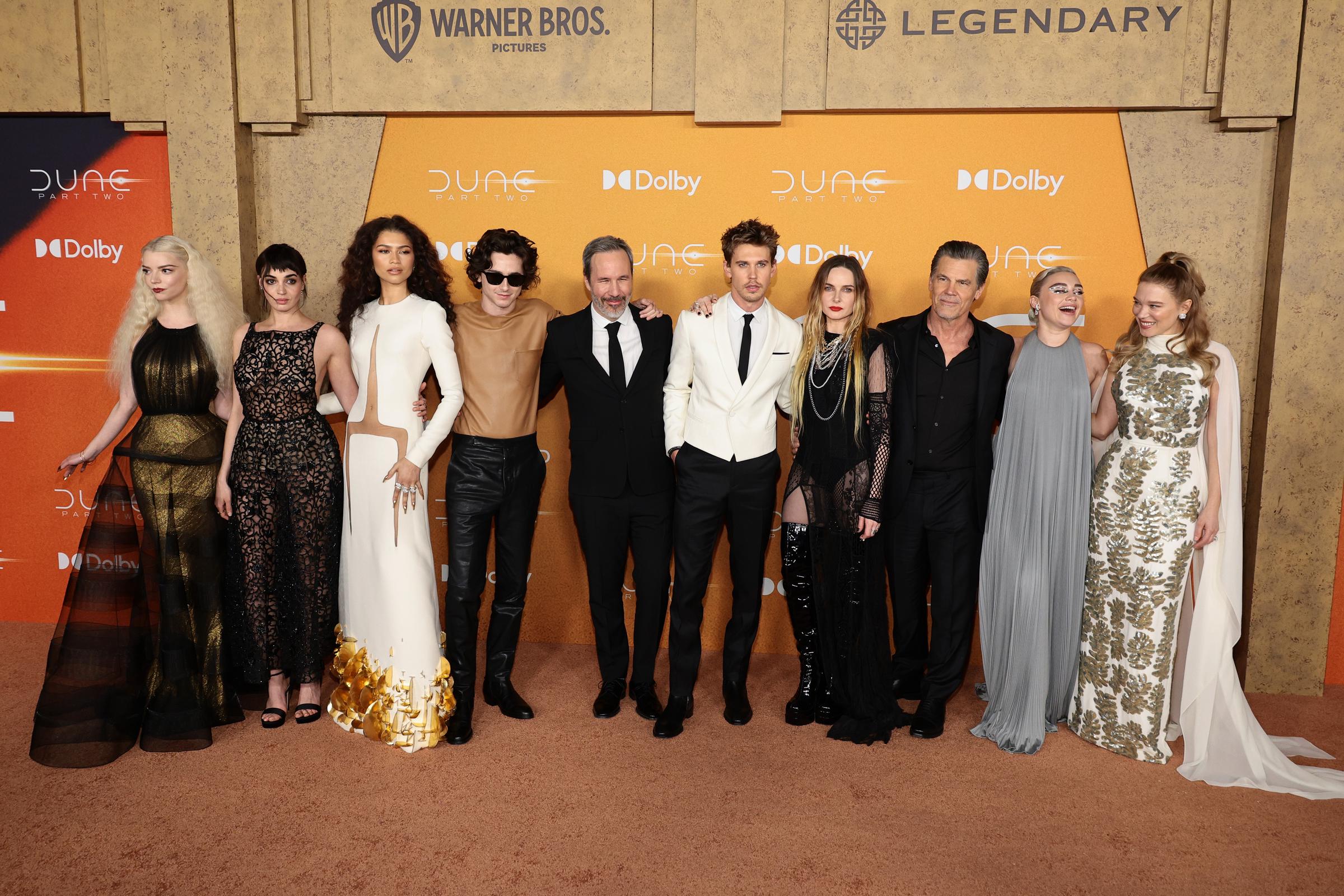 Anya Taylor-Joy, Souheila Yacoub, Zendaya, Timothée Chalamet, Denis Villeneuve, Austin Butler, Rebecca Ferguson, Josh Brolin, Florence Pugh, and Léa Seydoux at the "Dune: Part Two" premiere at Lincoln Center in New York City on February 25, 2024 | Source: Getty Images